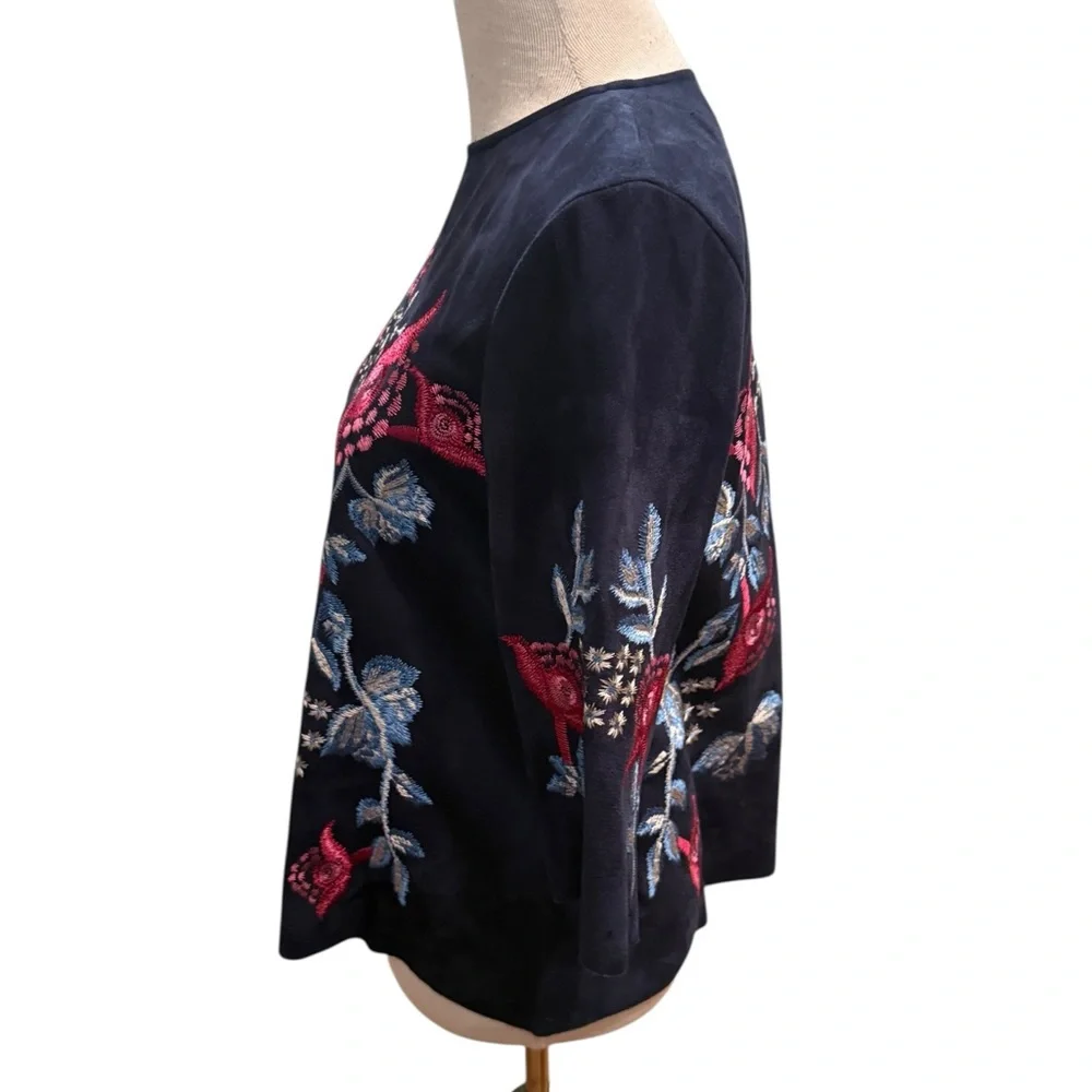 Zara Woman Faux Suede Embroidered Floral Navy Blue Top with 3/4 Sleeves Size S